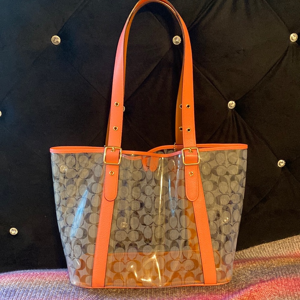 Pink & Light Golden Brown Monogrammed Coach  Clear Tote